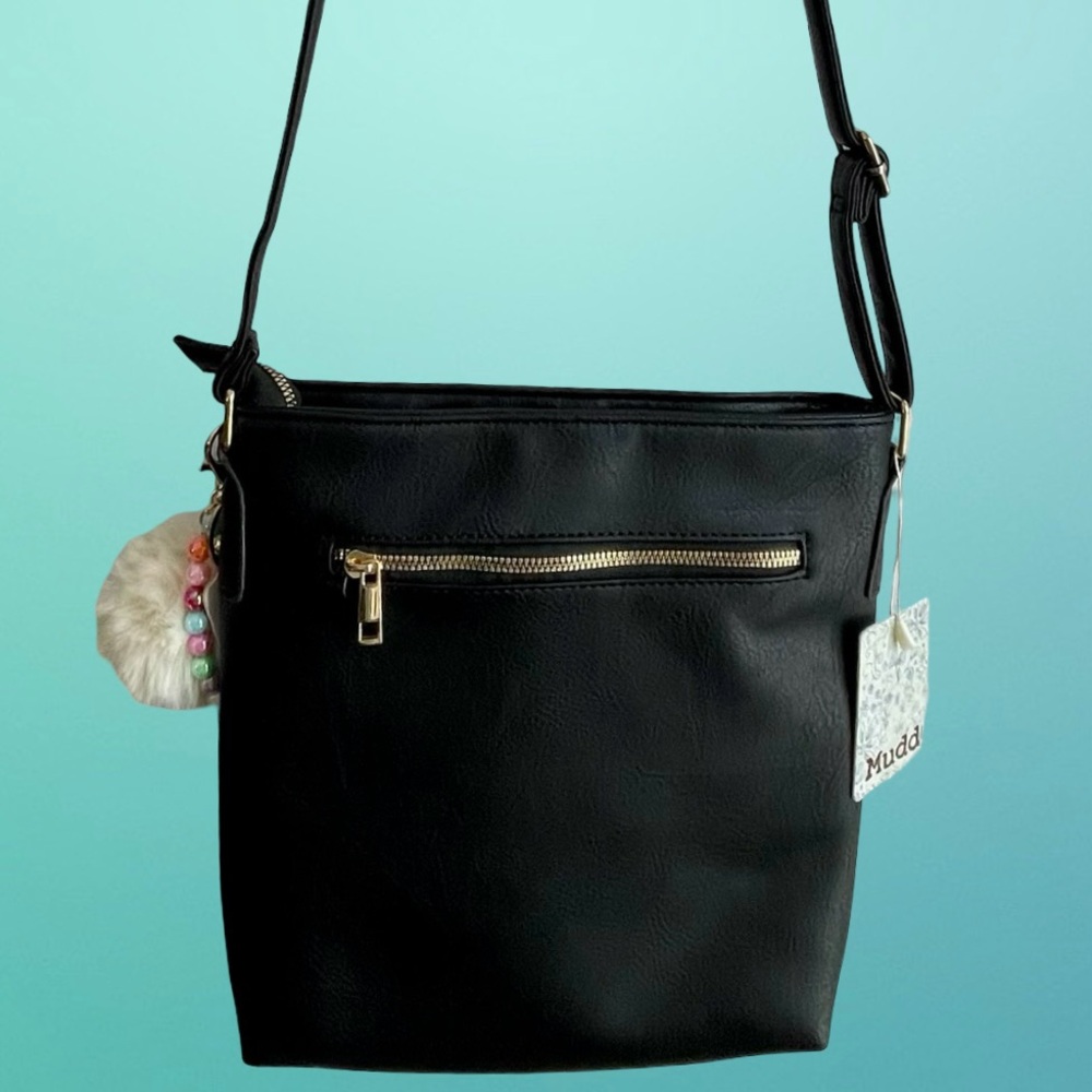 Mudd Black Zip Closure Embossed Crossbody Shoulder Bag Pom Pom Charm Keychain - Picture 5 of 13